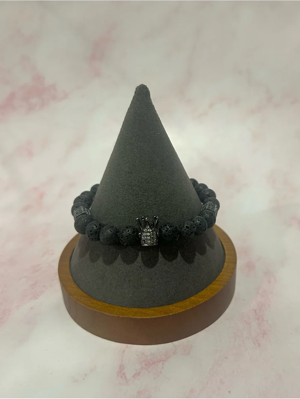 Black Lava Bead Bracelet with Crown Accent